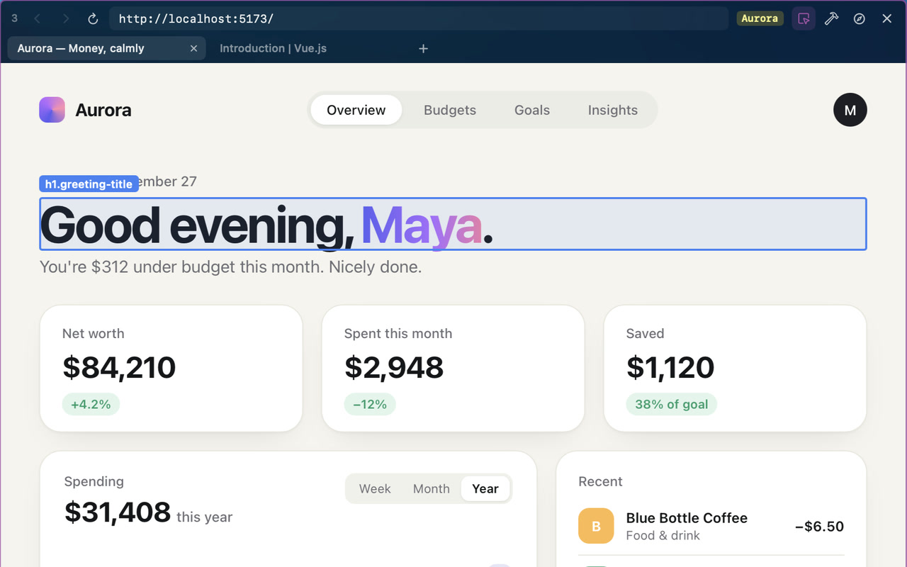 An element on the page is highlighted in Tilepane's browser panel